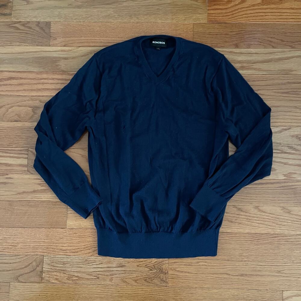 Bonobos Merino Wool Sweater Mens XL Blue Slim Fit V-Neck Extra Fine Knit Flawed